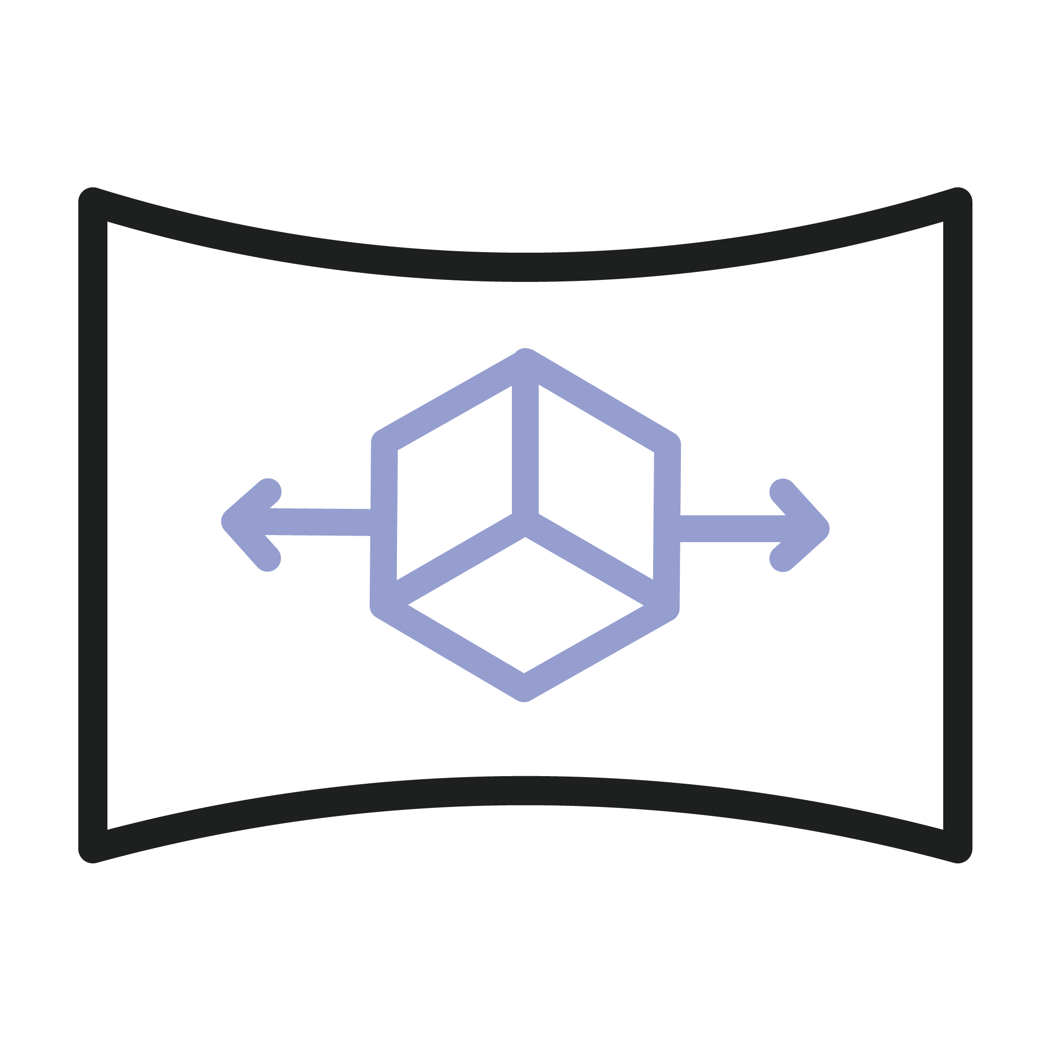 Symbol für VR-Bereitschaft, dargestellt als ein hexagonales 3D-Objekt umgeben von Pfeilen, die die Möglichkeit zur Bewegung in alle Richtungen in einer virtuellen Realität anzeigen.