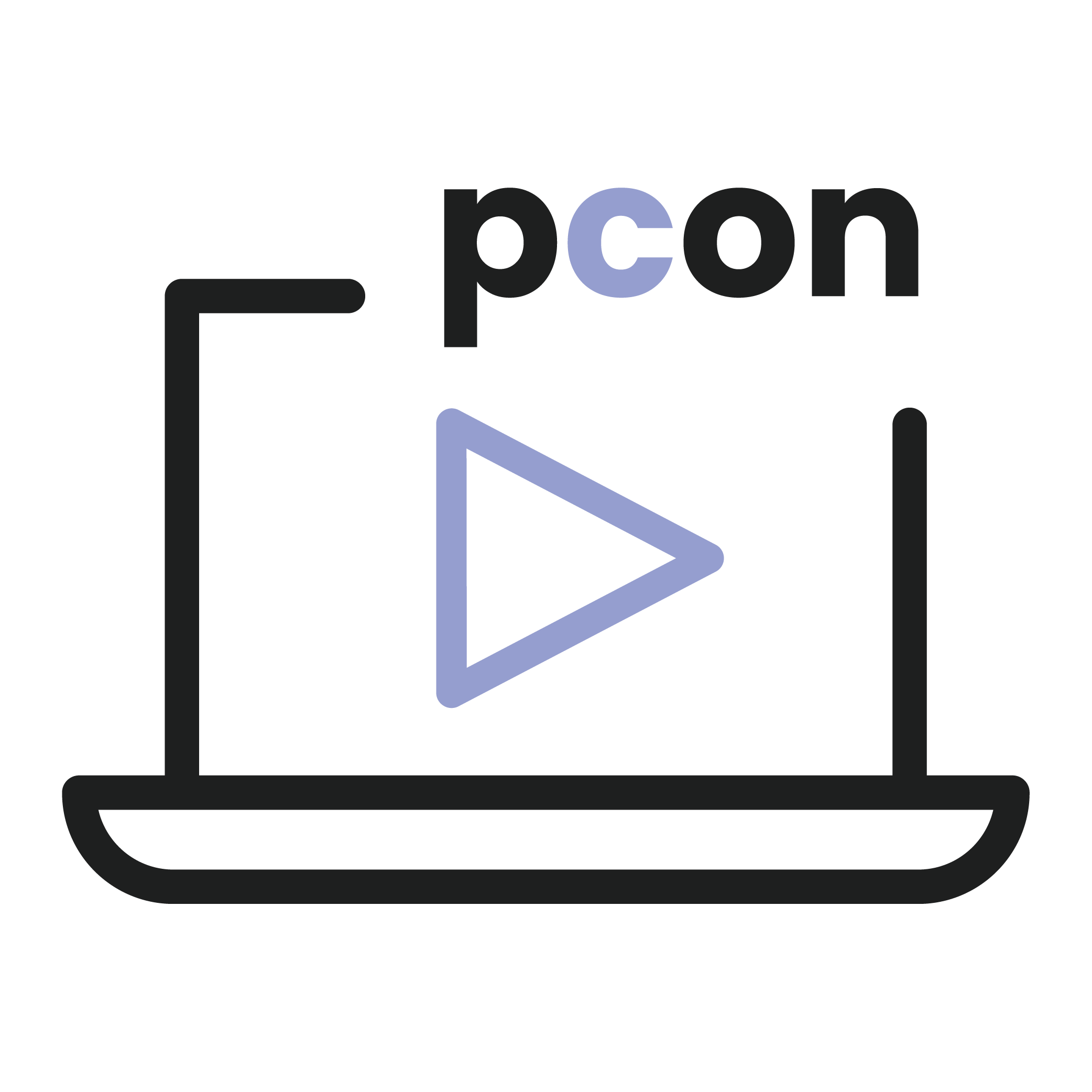 Symbol für pCon-Training, dargestellt als ein Laptop mit einem großen Wiedergabesymbol auf dem Bildschirm, symbolisch für Online-Lern- und Trainingsmodule